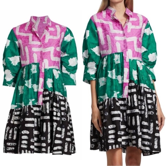 Busayo Tayo Mixed Batik Colors Midi Dress Puff Sleeves Pockets Size Small - Picture 3 of 16